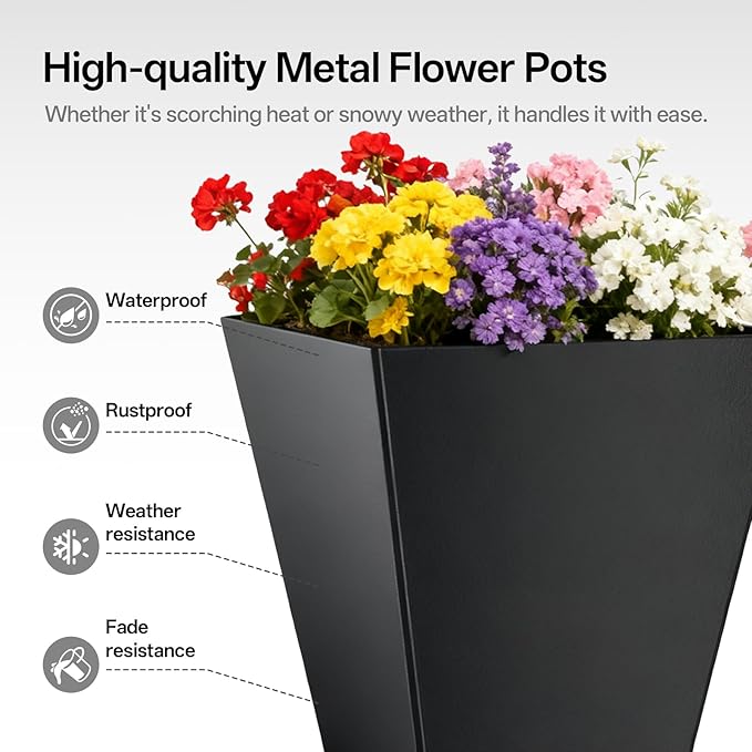 Metal Planter Box, 20" x 20"x 22", Heavy-Duty Galvanized Steel Outdoor Planter with Drainage Holes, Rectangular Planter for porches, Gardens, patios, and courtyards，Black