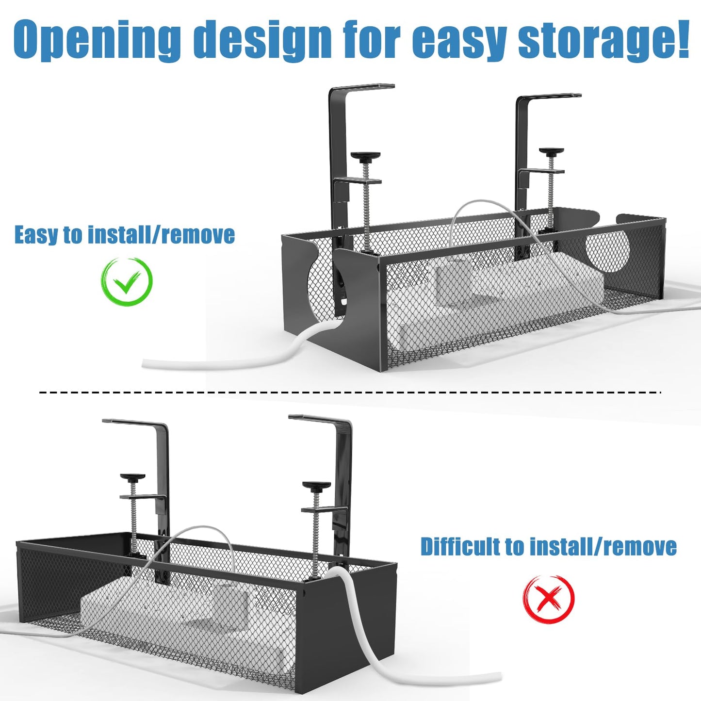 Under Desk Cable Management Tray, No Drill Steel Cord Organizer Kit with 52Pcs Different Essential Accessories for Home Office Standing Desk (13.4inch, Black)