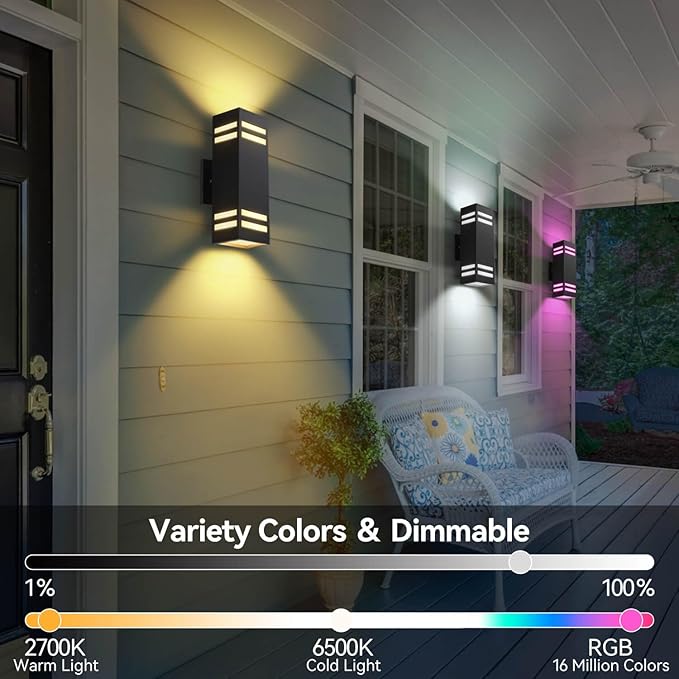 Outdoor Smart Wall Lights 2 Pack, Aluminum Exterior Lighting Fixtures Dusk to Dawn Color Changing Outdoor Lights with Matte Black Finish for Outside Decor, DIY Lighting Effects