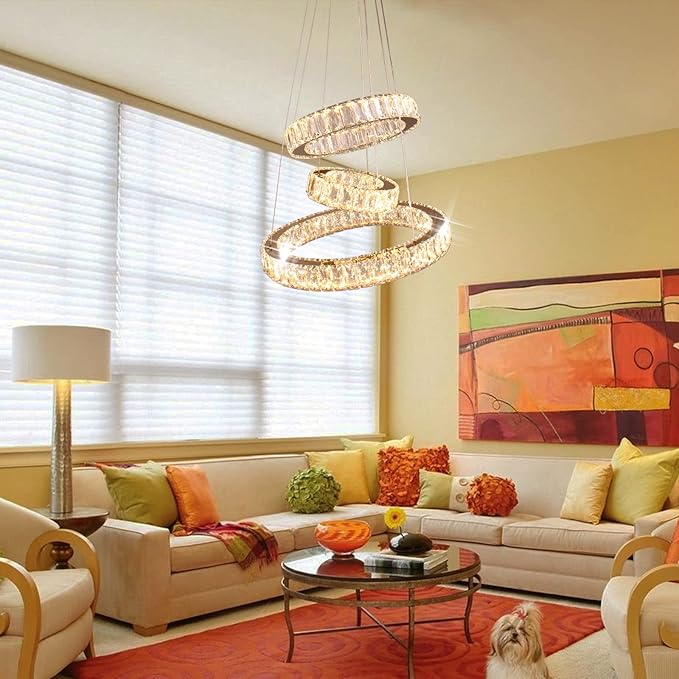 FRIXCHUR Dimmable Modern LED Chandelier 3 Ring Pendant Light Crystal Chandelier for Dining Room Living Room Bedroom,3 Colors Adjustable