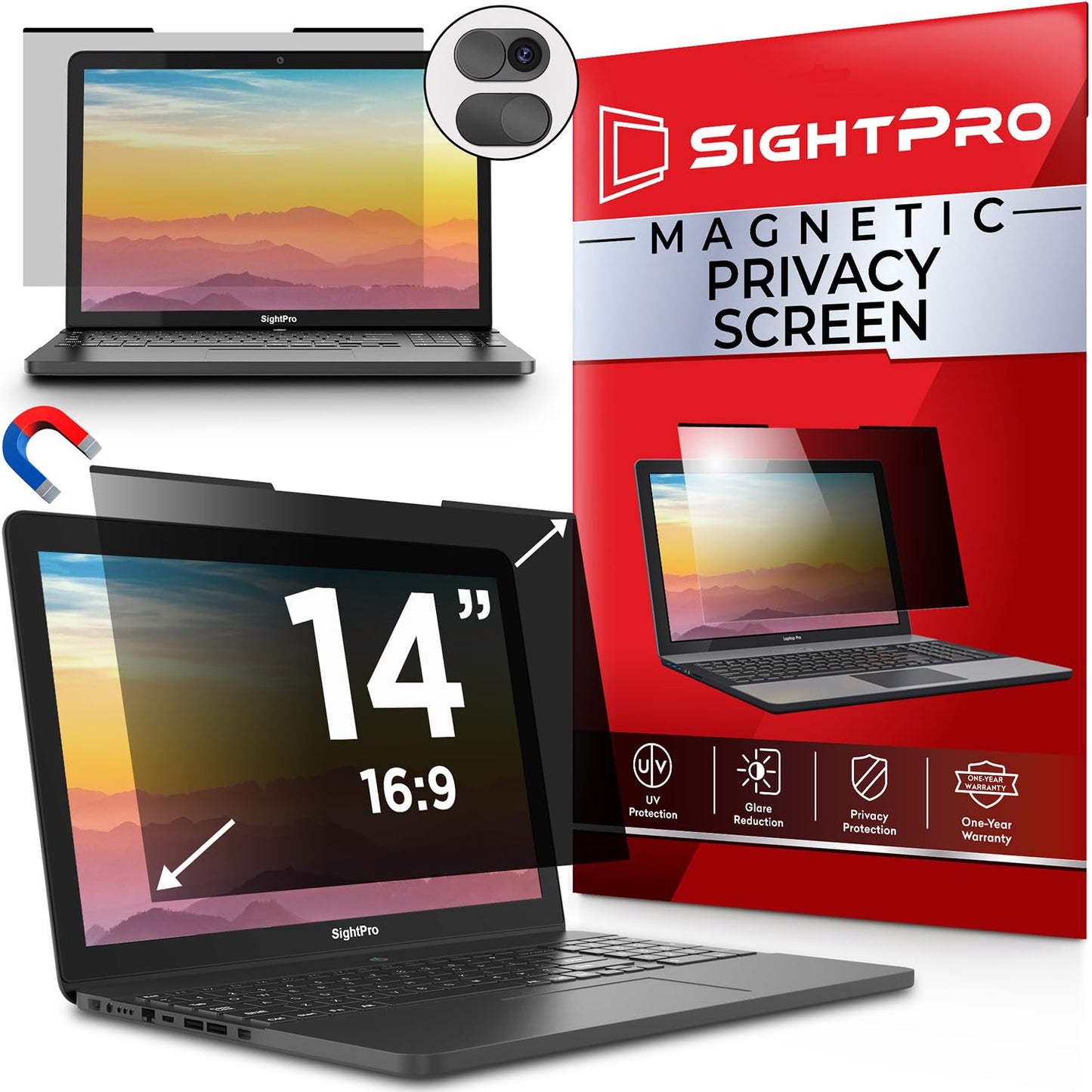 SightPro Magnetic Laptop Privacy Screen 14 Inch 16:9 - Patented Removable Laptop Privacy Filter Shield and Protector