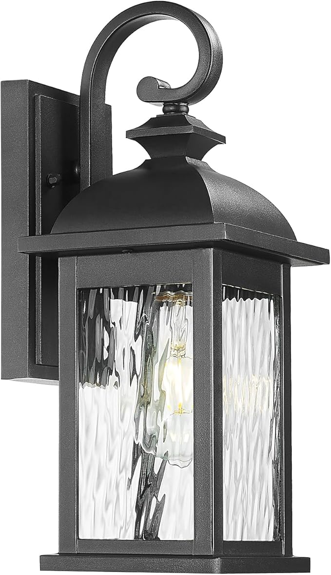 FEMILA Outdoor Wall Light Fixture,1-Light Exterior Waterproof Wall Sconce, 15" Front Porch Lights,Anti-Rust Matte Black Finish with Water Ripple Glass,4FD54B BK-WP