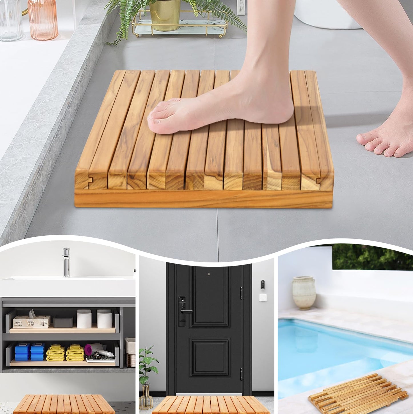 Teak Shower Mat – Adjustable Length Wooden Bathroom Mat, Non-Slip Bath Mat, Sauna Mat for Spa, Sauna Room, Pool, Indoor Outdoor Flooring