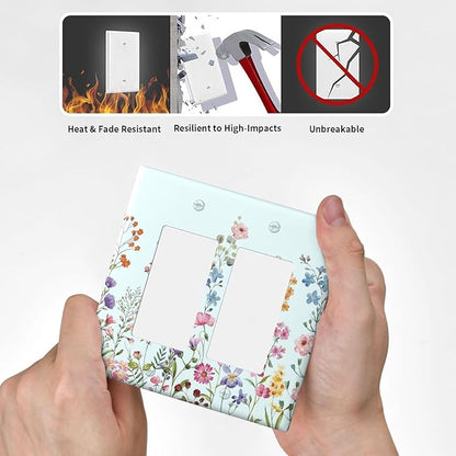 Rustic Wild Floral Vintage Blue Watercolor Flower 2 Gang Rocker Decora Light Switch Covers Decorative Unique Dual Outlet Covers Wall Plate Electrical Faceplate Switchplate GFCI for Bedroom