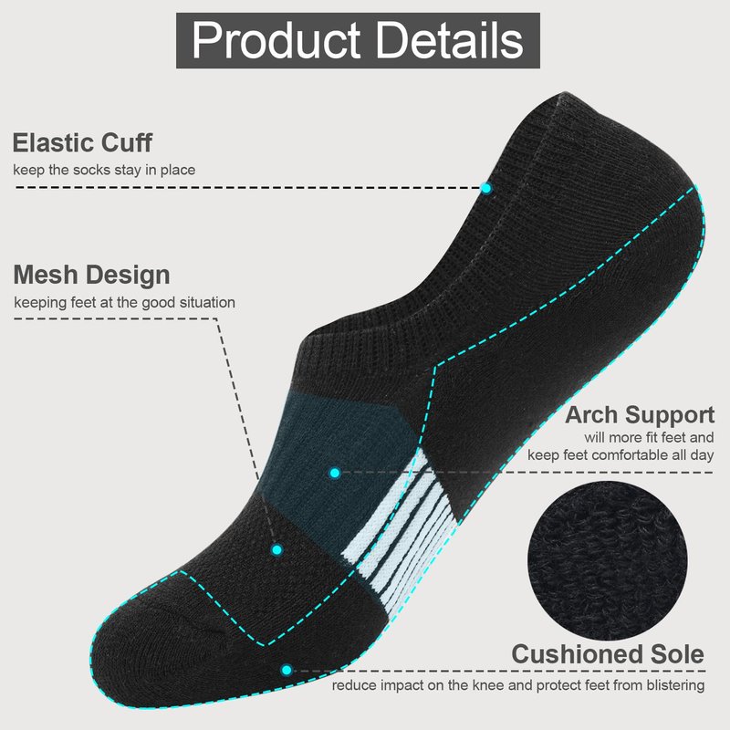 FAYBOX No Show Socks Womens Cushioned Low Cut Invisible Footies for Running Athletic Gym Ankle Socks 6 Pairs