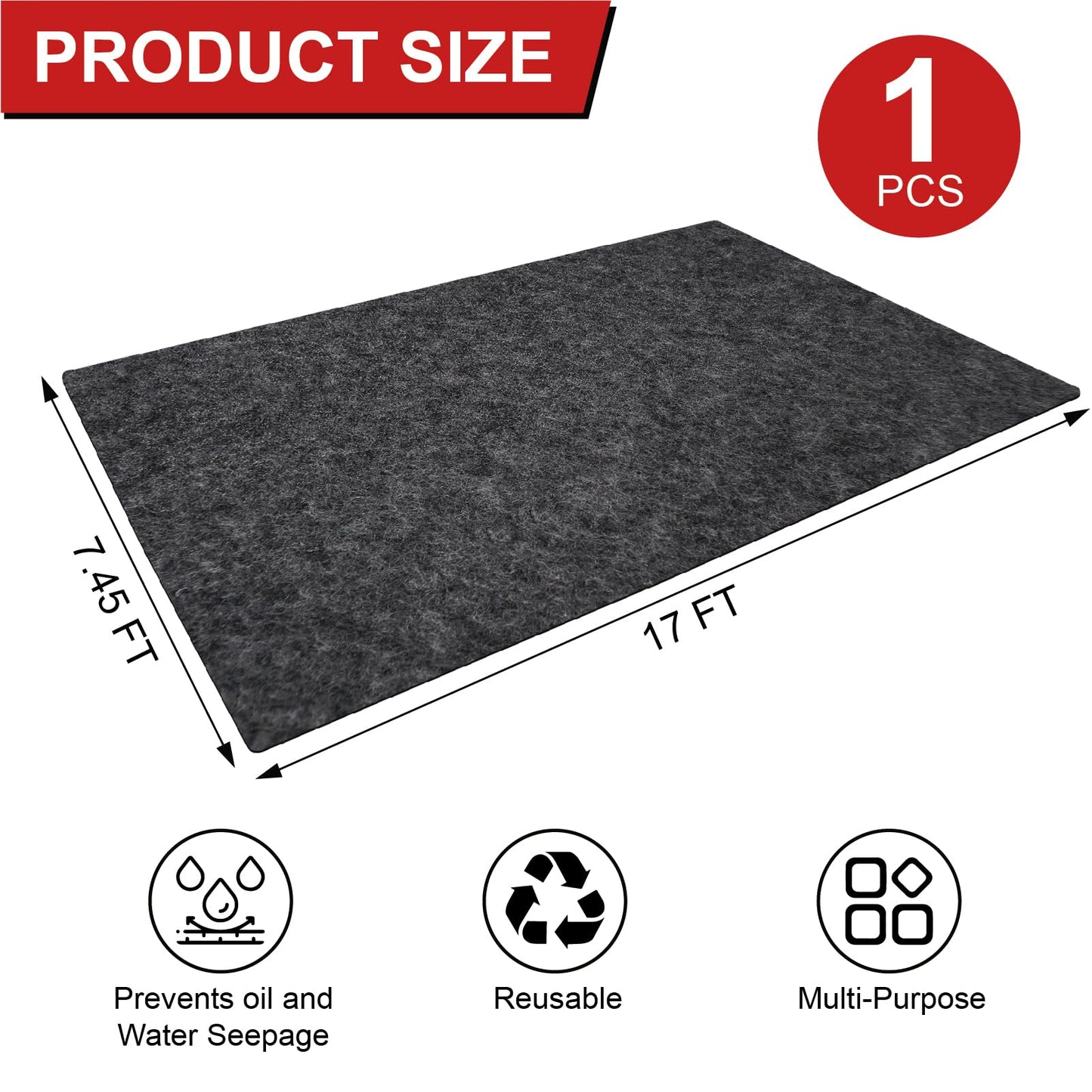 17' x 7.45' Garage Floor Mat for Under Car, Heavy-Duty Oil Spill Mat, Waterproof & Absorbent Garage Flooring, Non-Slip Protective Pad for Garage & Shop, Reusable & Washable with Adhesive Tape