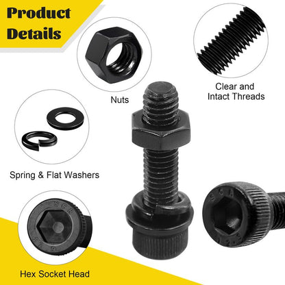 Fgruh 174PCS M6 Screws with Nuts Assortment Kit - M6x8/10/12/16/20/25/30/35 mm Hex Socket Head Cap Bolts with Nuts & Washers Assorted Set - 12.9 Alloy Steel Black Zinc Plated Anti-Rust Hardware Set