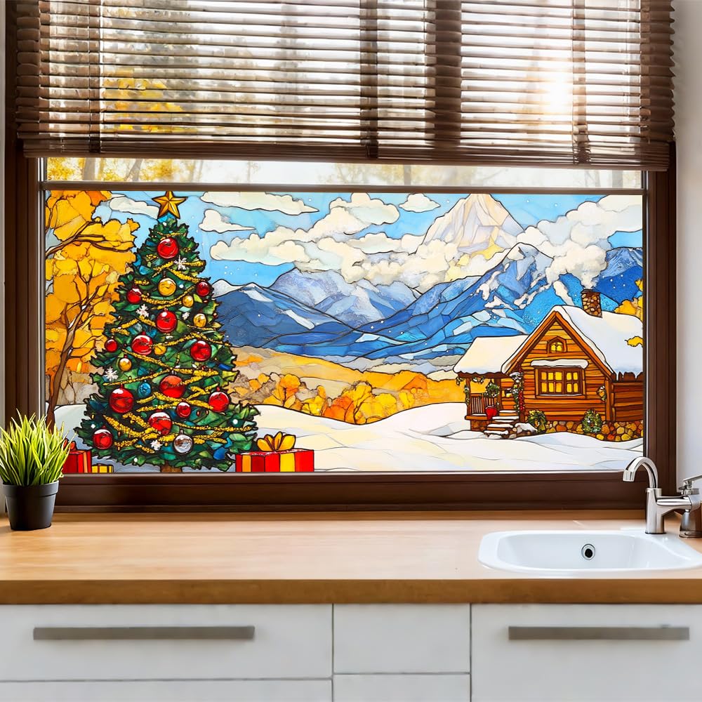 WDESYADMS Window Film 39.4×17.3 Inch PVC Winter Mountain Cabin Christmas Tree Scene Decorative Window Film for Seasonal Privacy and Holiday Home Glass Decoration