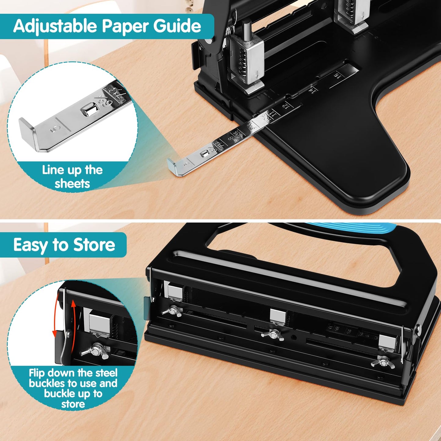 AFMAT 3 Hole Punch Heavy Duty, 9/32" Holes, 50-Sheet Hole Puncher 3 Ring, 50% Reduced Effort, Adjustable Two & Three Hole Punch, Metal Paper Puncher w/Large Chip Tray, Metal Paper Guide, Black, HP18