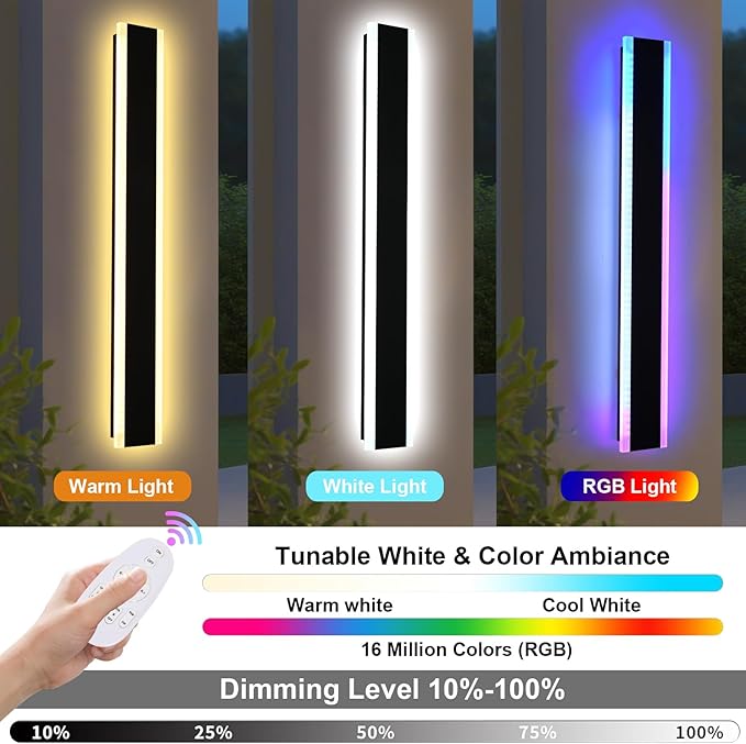 2 Pack RGB Outdoor Long Wall Lights, 60 inch Outside LED Long Lights, Dimmable Exterior Lighting Fixtures, Large Outside Linear Light Fixture for Patio, Garage, Porch, Front Door