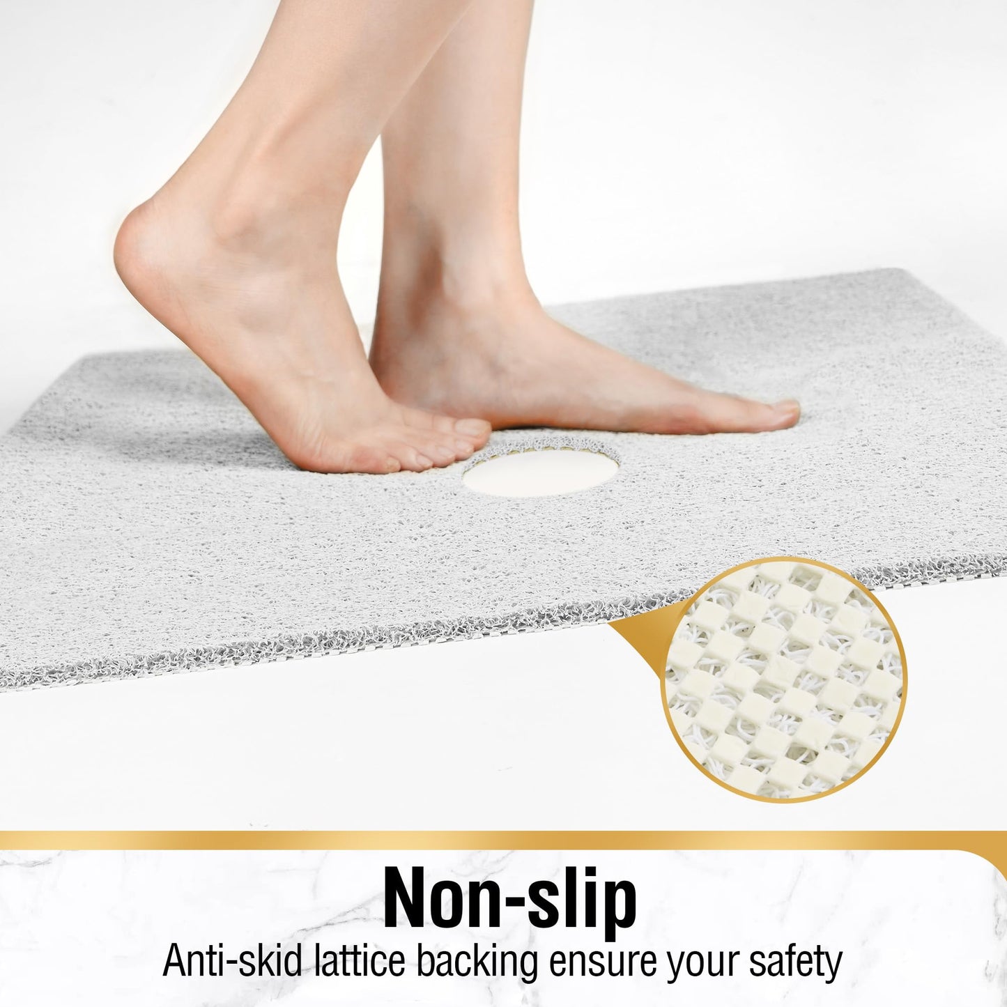 HITSLAM Shower Mat with Center Drain Hole, 24 x 16 Inch Non Slip Bath Mat for Textured Tub, Soft Loofah-Style Bathtub Mat Without Suction Cup, Quick Drying Stall Floor Mat, Bathroom Accessories, White