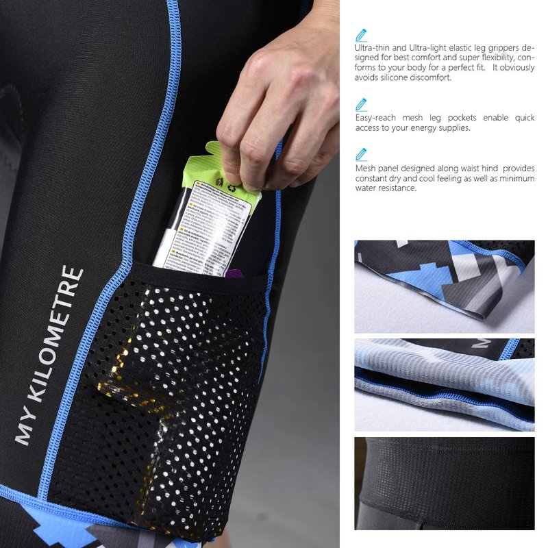 MY KILOMETRE Mens Triathlon Shorts with Adjustable Drawstring Easy Reach Leg Pockets Chamois for Long-Distance Tri Race (Black-Blue X-Large)