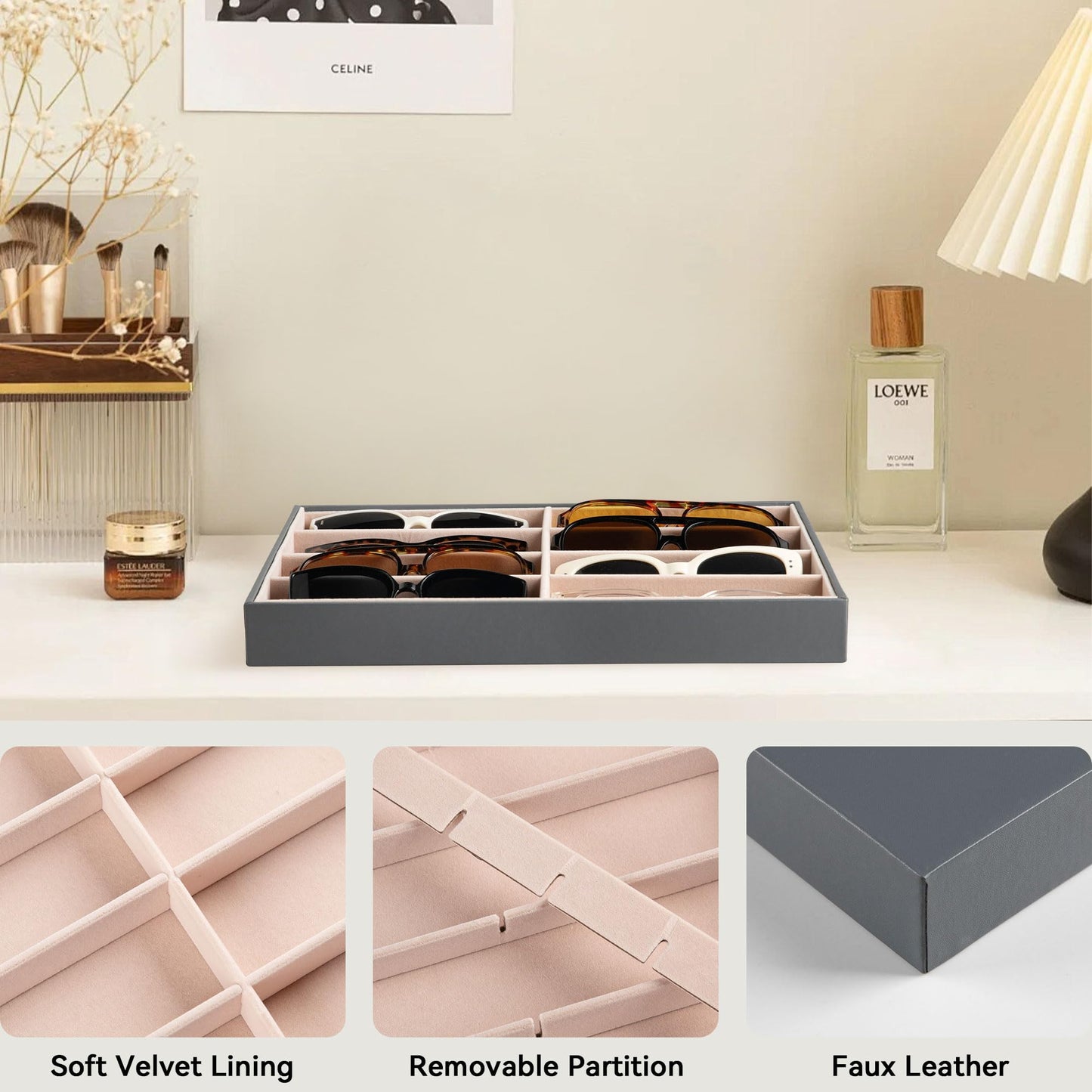 Frebeauty Sunglass Organizer,PU Leather Glasses Organizer,8-Slot Sunglasses Tray,Men's/Women's Sunglasses Box,Sunglass Case,13.3 x 9.6 x 1.5 Inches,Eyeglass/Eyewear Display Tray(Grey)