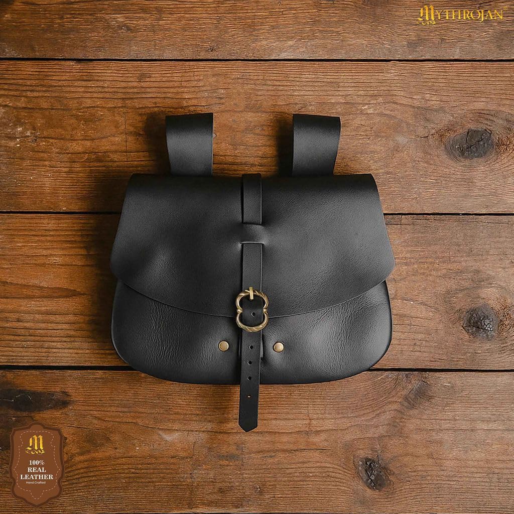 "Medieval Leather Belt Pouch Vintage Waist Bag for LARP, Renaissance Fairs, Costumes, Cellphone Holder, Travel Wallet, Fanny Pack, Holster Purse Durable & Stylish Pouch - Black, 6.2" x 7"