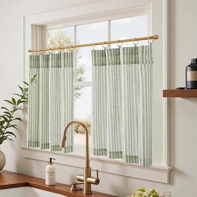 jinchan Striped Linen Kitchen Curtains with Attached Valance 36 Inch Length Cafe Tier Curtains for Living Room Rustic Half Window Light Filtering Rod Pocket Small Drapes 2 Panels Green