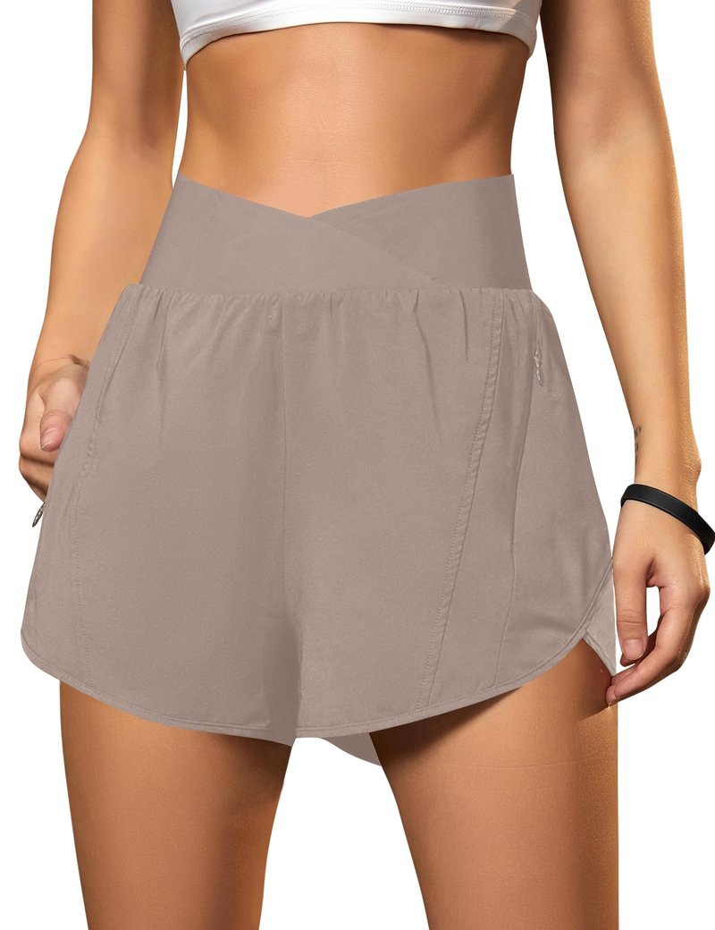 Blooming Jelly Women's Workout Shorts Athletic Running Crossover High Waisted Gym Sport Yoga Shorts with Zipper Pockets (Khaki,Small)