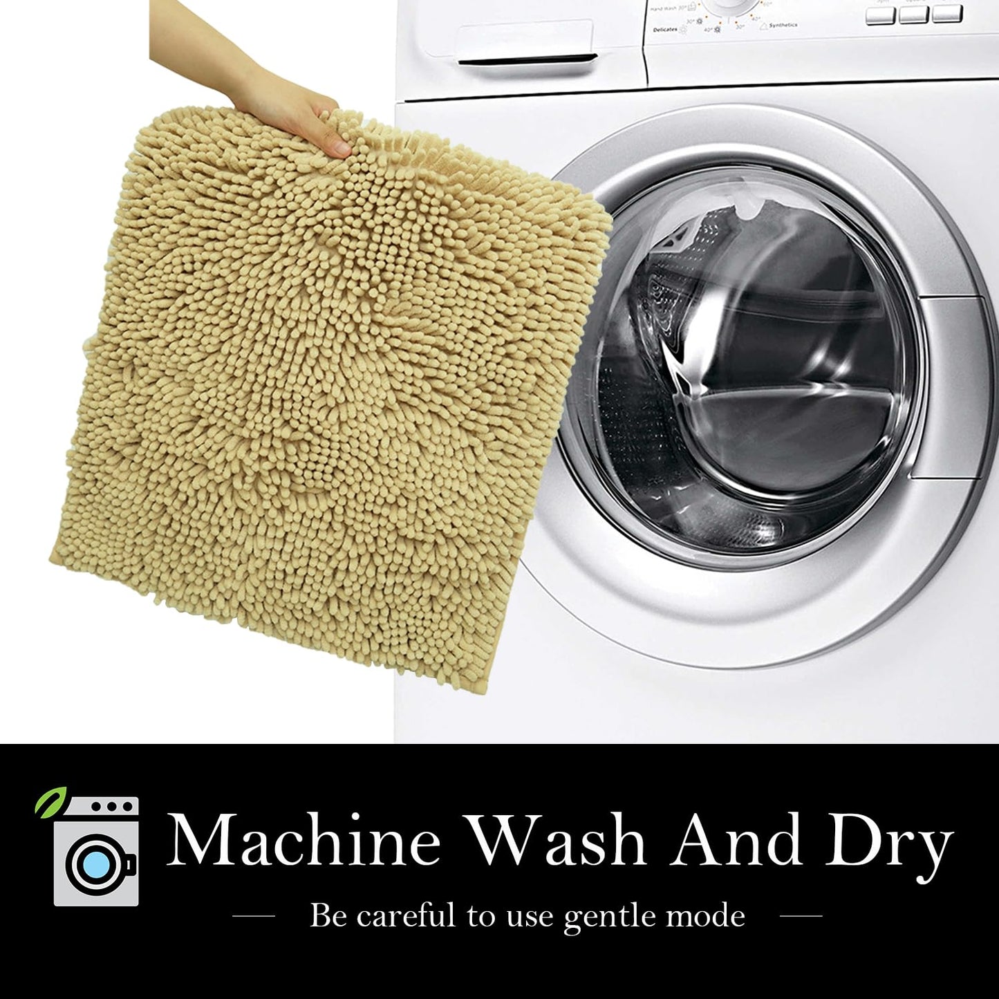 AINAHYVA Bathroom Rugs Chenille Bath mat 2 Piece Set, Super Absorbent, Strong PVC Non Slip Backing, Bath mats for Bathroom, Plush Shaggy, Thick, Machine Washable, Bathtub, Shower, Toilet.(Beige)