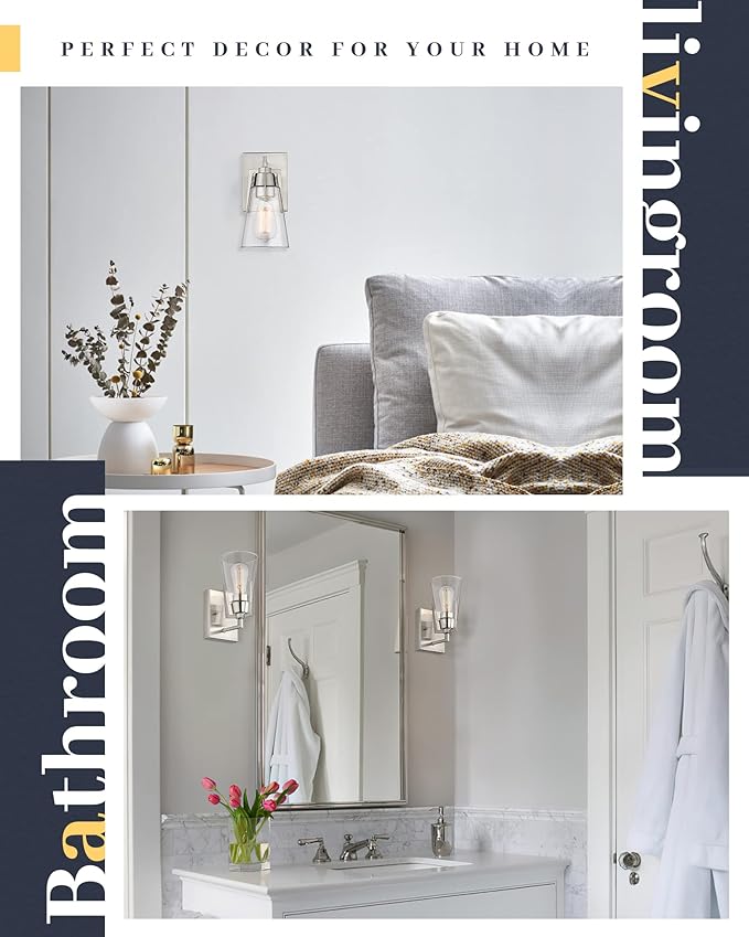 EAPUDUN Bathroom Light Fixtures, Modern Farmhouse 1-Light Bathroom Vanity Light Fixtures, Indoor Wall Lamp in Brushed Nickel Finish, Clear Glass Shade Wall Sconces, WLA1395-BNK