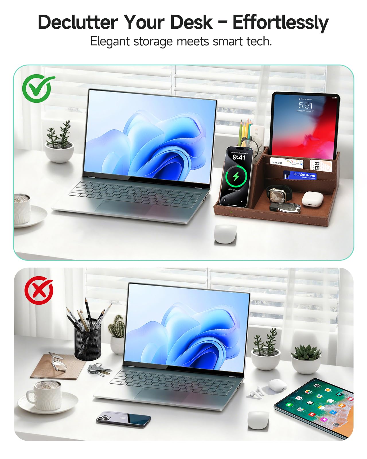Fast Wireless Charging Station with Desk Organizer for iPhone 17/16/15/15 Pro/14/14 Pro Max/14 Pro/14 Plus/13/13 Pro Max/13 Pro/and iPhone 12/11 Series, Nightstand Desktop Organizer, Brown