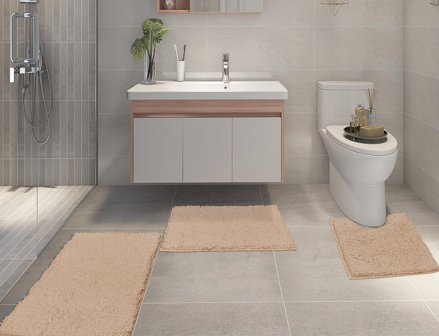 Bathroom Rugs Sets 3 Piece,Bath Mats for Bathroom Non Slip, Thick Chenille Bath Rug,Soft and Absorbent Shaggy Bathroom Mat Set, Machine Wash & Quick Dry Durable Carpet for Bath, Kitchen,Beige