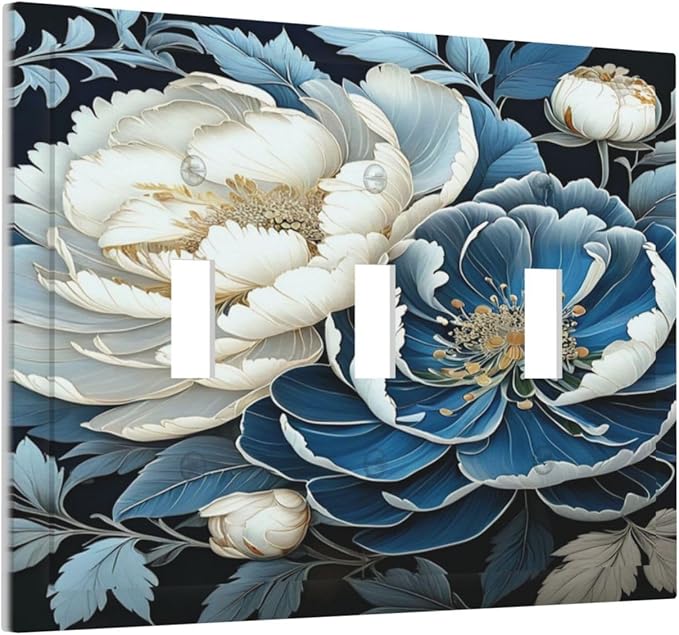 White Blue Flower Peonies Light Switch Covers 3 Gang Triple Toggle Wall Plate Decorative Switchplate Electrical Faceplate for Farmhouse Living Decor