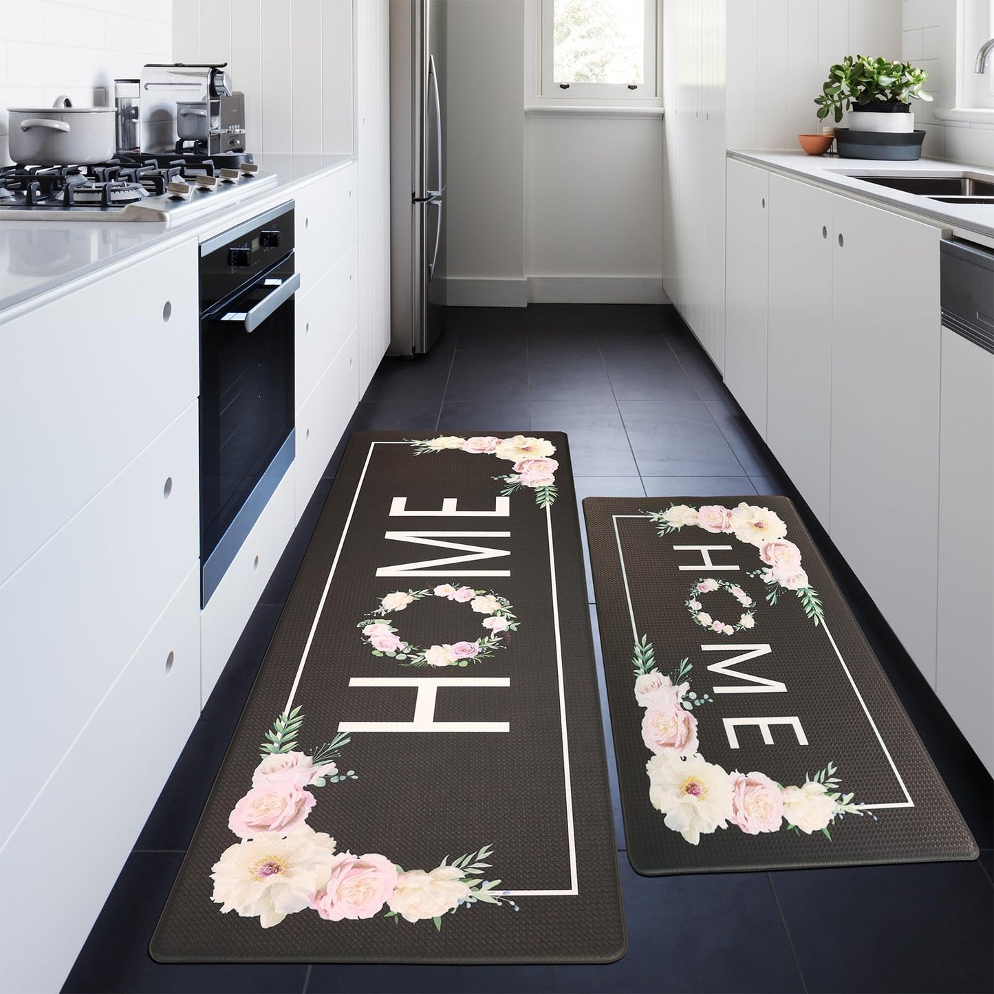 PCSWEET HOME Black Kitchen Mats for Floor 2 Piece Floral Anti Fatigue Mats for Kitchen Floor Kitchen Rugs Cushioned Anti Fatigue Waterproof for Kitchen, Laundry Room, 17.3"x30"+17.3"x47"