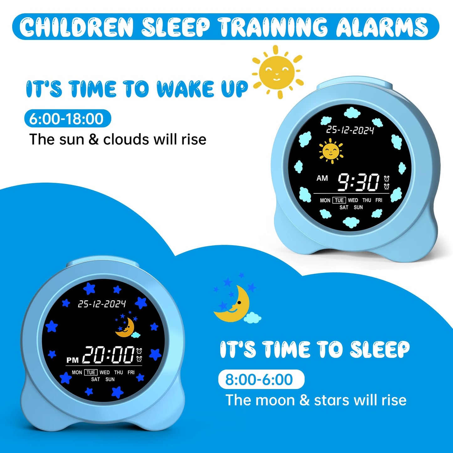 Kids Alarm Clock, Sun & Moon LED Display with Day & Date, Children's Sleep Trainer with Night Light & Sleep Sounds, Cute Wake Up Clock for Kids Bedroom, Easy to Use Birthday Gift for Boy and Girls