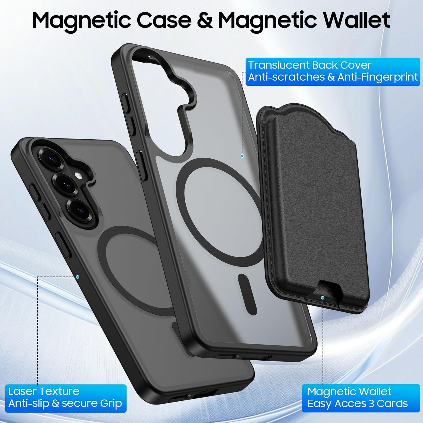 Ntwinro Magnetic for Samsung Galaxy S26 Case, Detachable Magnetic Wallet with Card Holder, [Fit for MagSafe] Military-Grade Shockproof Translucent Matte Anti-Scratch Phone Case, Black