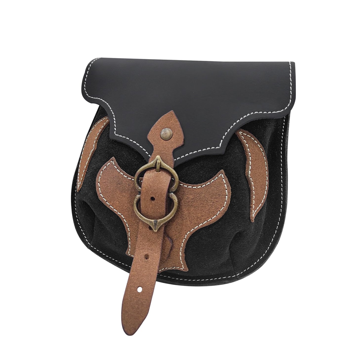 Medieval Belt Pouch – Genuine Leather & Suede Bag with Brass Buckle | Spanish Applique | LARP Renaissance Viking & Fantasy Accessory (Barbarian Warrior Bag)