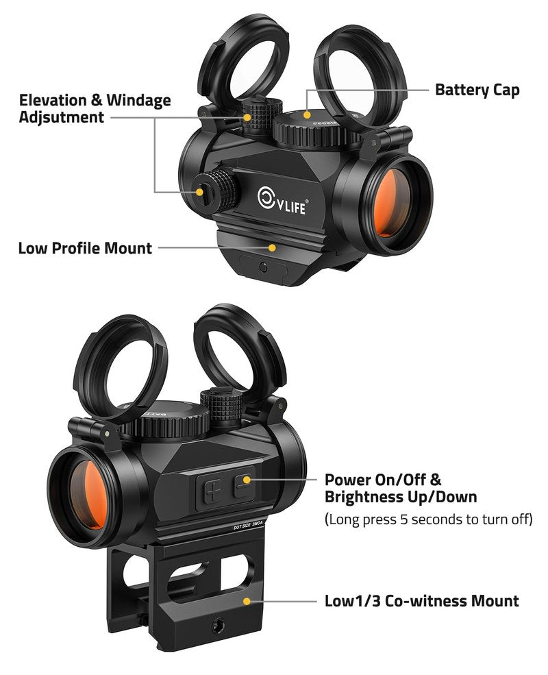 CVLIFE FoxSpook Motion Awake Red Dot Sight,1x20mm 2MOA Red dot Scope Auto On & Off Compact Optics with Low Profile and Lower 1/3 Co-Witness Mount, Flip Up Lens Covers and 12 Brightness Button Settings