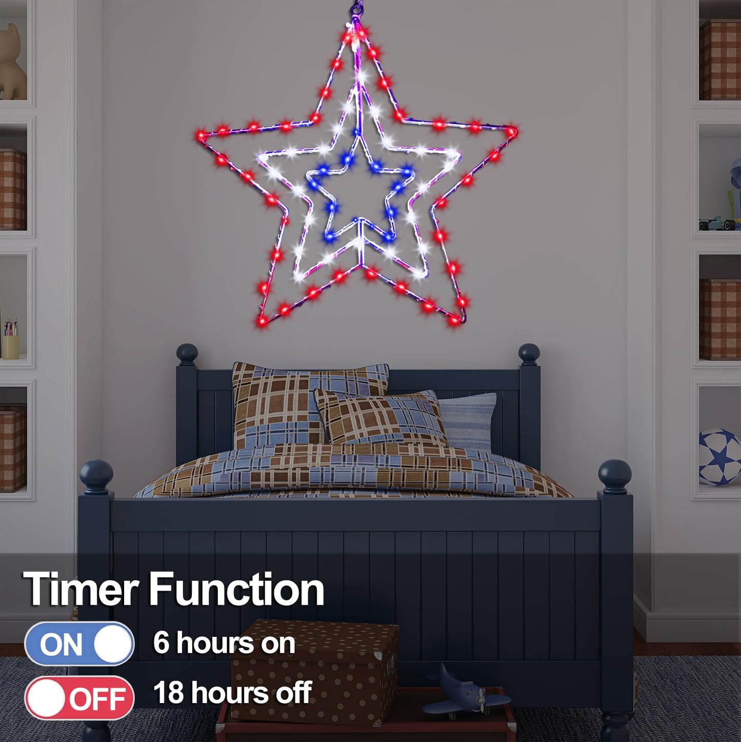 4th of July Patriotic Decorations, Red White and Blue Memorial Day Decor Star Lights, Timer 14.2In Iron Frame 70Led Fairy Star Lights, 8 Mode with Remote Window Wall Silhouette for Home