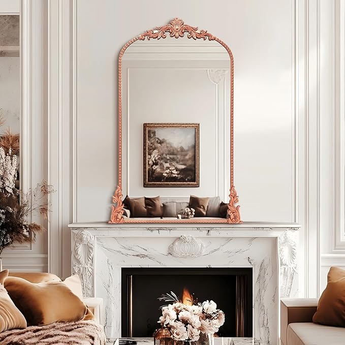 Growsun Arched Mirror, 24’’x42’’ Antique Baroque Traditional Ornate Wall Mirror Decor with Full Metal Frame for Fireplace/Entryway/Living Room/Bathroom