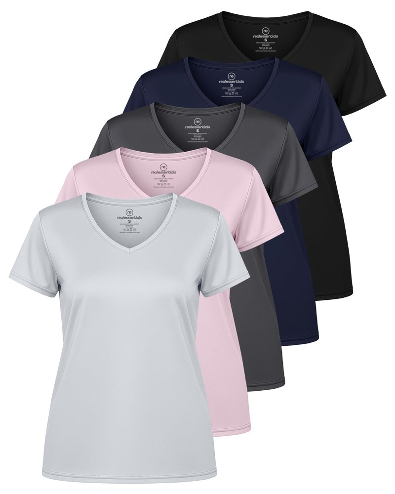 Real Essentials 5 Pack: Women's Dry-Fit Short Sleeve V Neck T Shirt Workout Fitness Yoga Top Tee, Set 3, XXL