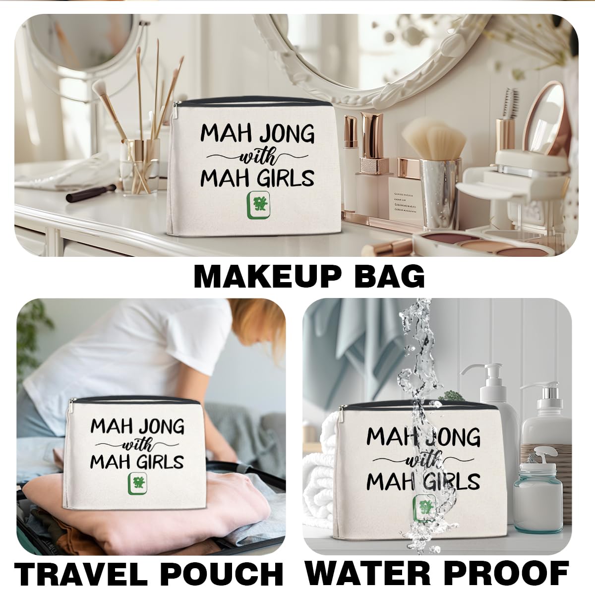 Nurawo Mahjong Gifts Makeup Bag Cosmetic Bags for Women Mahjong Players Lover, Mah Jong With Mah Girls Makeup Pouch With Zipper