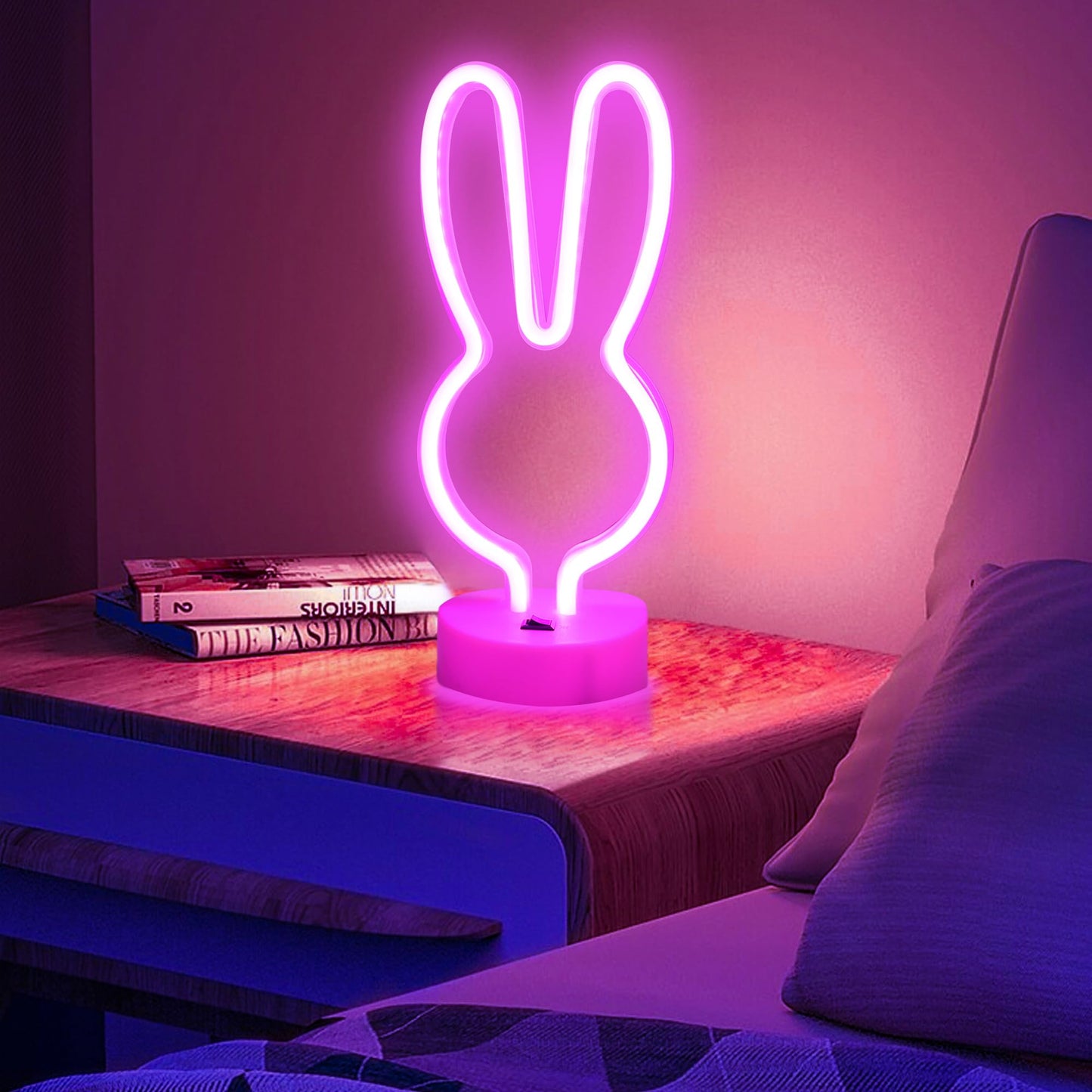BAILEY Rabbit Ears Neon Sign,Easter Bunny Rabbit LED Lights with Holder Base,USB or 3-AA Battery Powered Neon Light of Business Premises for Christmas Easter Party Holiday Night Bedroom Gifts (Pink)