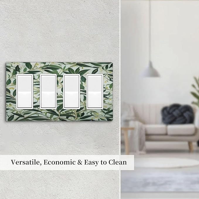 Sage Eucalyptus Leaves Foliage Light Switch Cover 4 Gang Rocker Decora Outlet Covers Wall Plate Decorative Switchplate Electrical Faceplate GFCI for Farmhouse Living Bedroom Decor