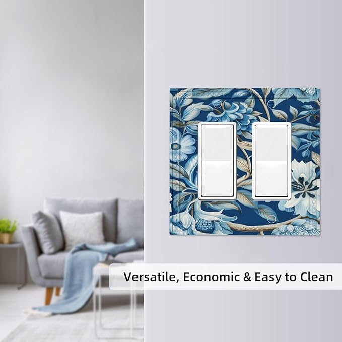 Blue Flowers Branches Leaves Floral Pattern Dual Outlet Covers Wall Plate 2 Gang Rocker Decorative Switchplate Electrical Faceplate GFCI Light Switch Covers for Farmhouse Living Decor