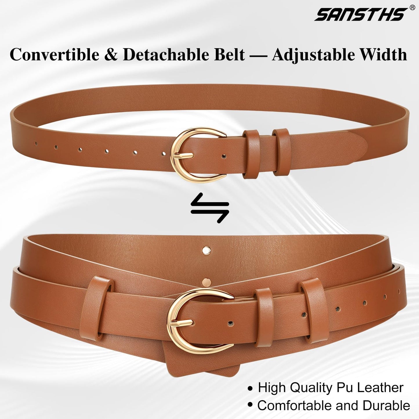 SANSTHS Belt for Women 2-in-1 Waistband for Dress Coats Pants, Women Wide Leather Belt with Fashion Buckle, Brown M