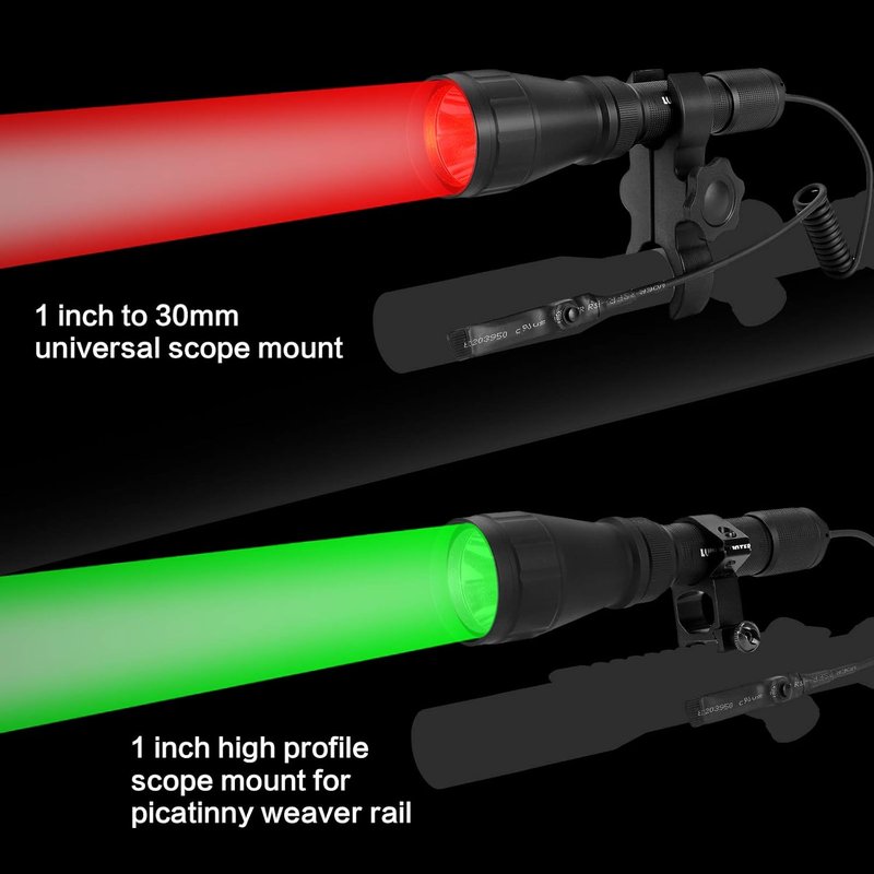 Predator Hunting Flashlight Kit - Rechargeable Red, Green, White & Amber Light | Scope Rail Mount & 10-Hour Battery Life