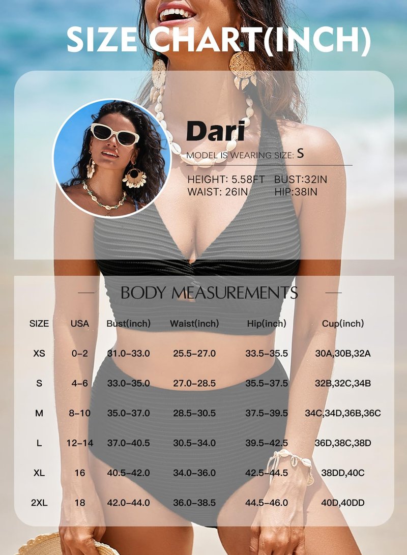 Herseas Black Textured Bikini Sets for Women Twist Front Push Up Top Swim Suits 2026 Summer High Waisted 2 Piece Girls Bathing Suits Flattering Beach Vacation Outfits Medium