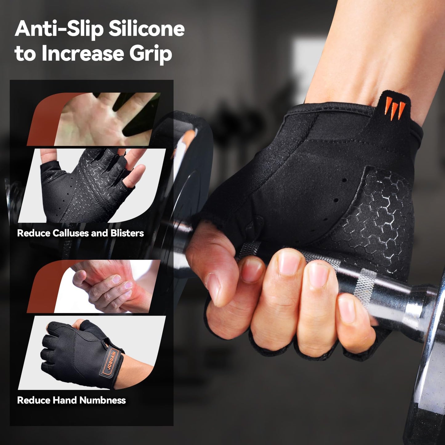 JOBGAIN Workout Gloves for Women and Men, Breathable Weight Lifting Gloves, Grip & Shock Absorption, Full Palm Protection, for Gym Exercise, Fitness, Training & Cycling, Black, Size S