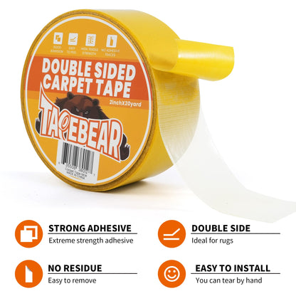 TAPEBEAR Double Sided Carpet Tape 2Inch x 20Yards, Heavy Duty Rug Tape Residue-Free Carpet Gripper for Area Rugs, Wood, Floor, Multipurpose Gripper Non Slip Tape