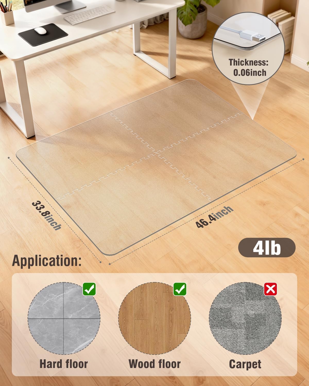 Blvornl Innovative Puzzle Chair Mat for Hardwood Floor, 36"*48" Hard Material Chair Mat, Heavy Duty Computer Chair Pad for Rolling Chairs, Desk Floor Rug for Office and Home
