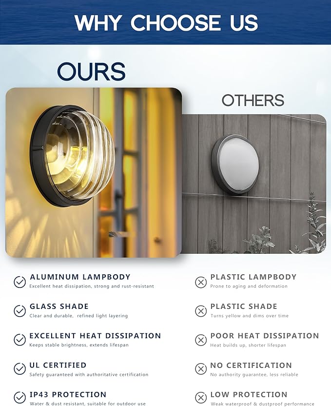 FEMILA 10" Round Bulkhead Outdoor Wall Light, Nautical Outdoor Lighting, Black Outdoor Light Fixture for Front Door/Porch/Patio, Aluminum Glass,UL Listed, 4FYX105FL BK SW
