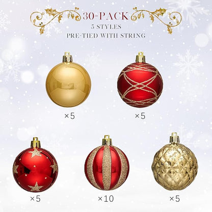 JORNOY Christmas Balls Ornaments, 30ct Shatterproof Xmas Tree Decorations, Hanging Bulbs Baubles Set with String for Holiday Home Party Decor, 2.36 inch/60mm, Red Gold