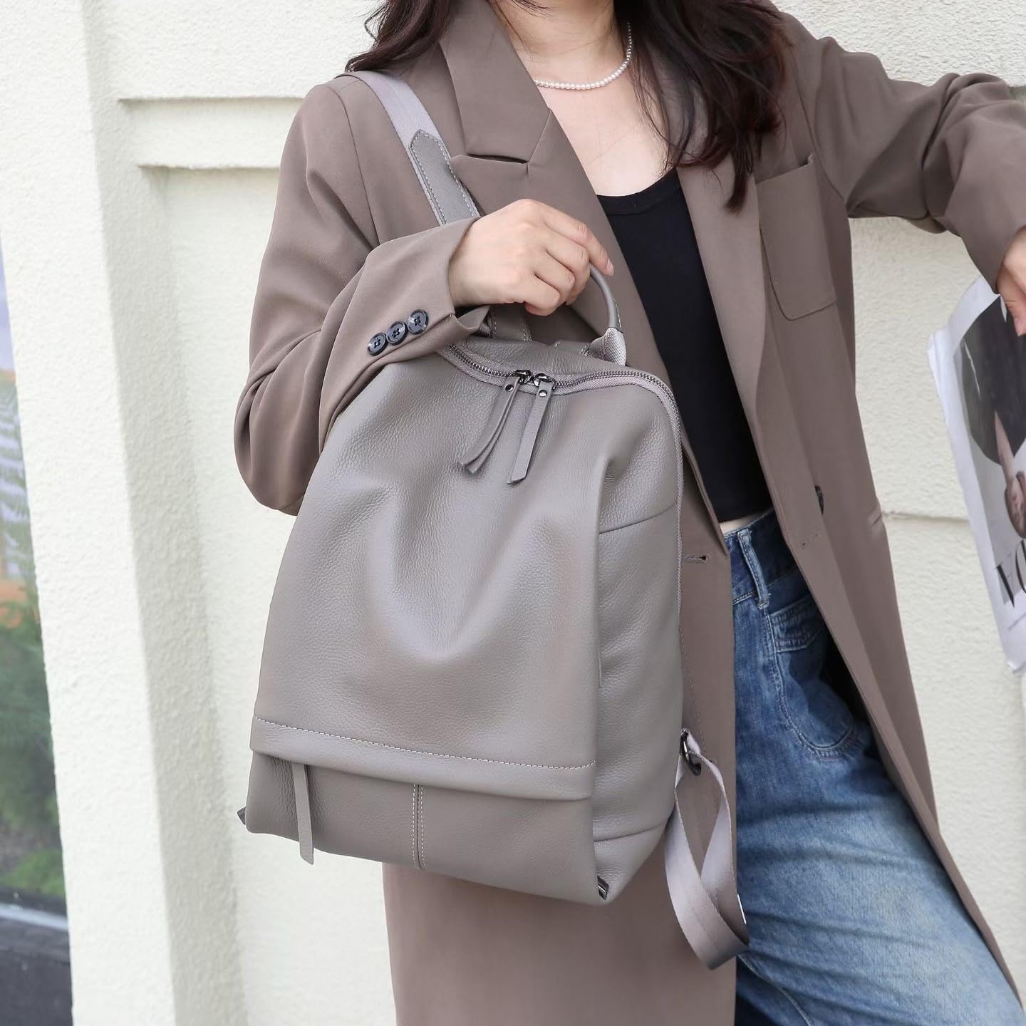 Wesccimo Genuine Leather Backpack Purse for Women, Fashion Designer Soft Backpack with Large Compartment Grey