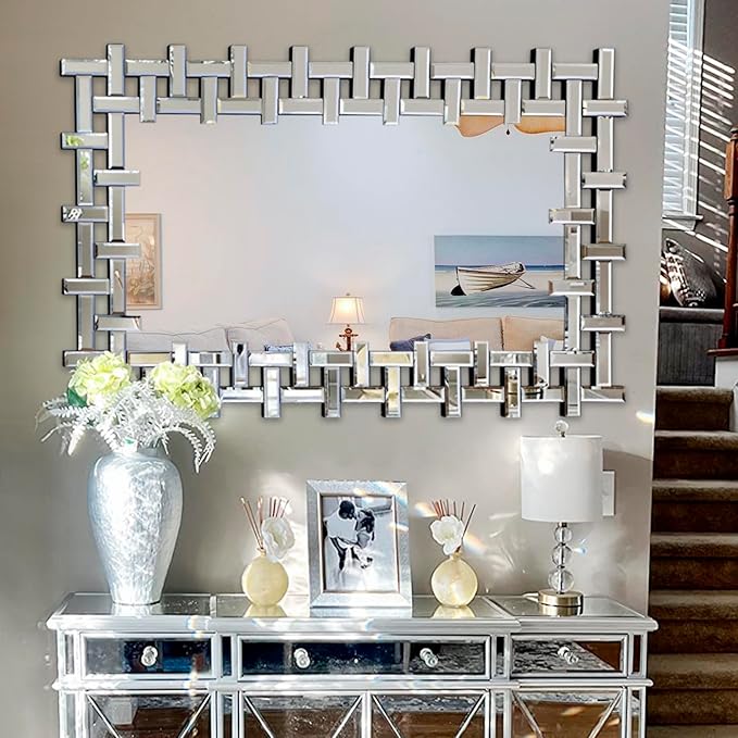 Decorative Wall Mirror with Beveled Glass Frame, 47''x24'' Large Living Room Mirror, Elegant Frameless Accent Mirror for Entryway, Dining Room, Fireplace