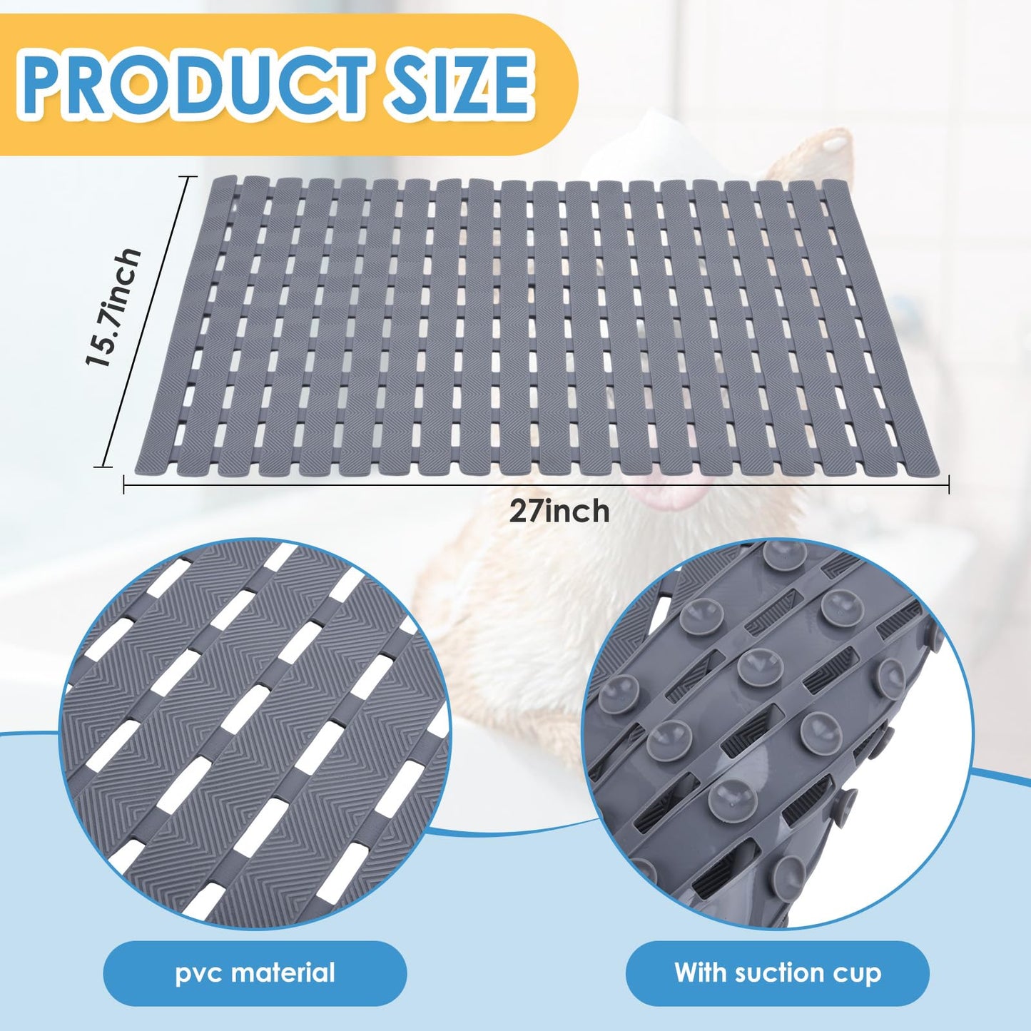 Wiojtry Bathtub Shower Mat, Pet Dog Bathing Non-Slip Mat, Dog Bath mat for tub, Quick Drain Bathtub Mat with Suction Cups & Drain Holes for Bathroom, 27.1x15.7 Inch