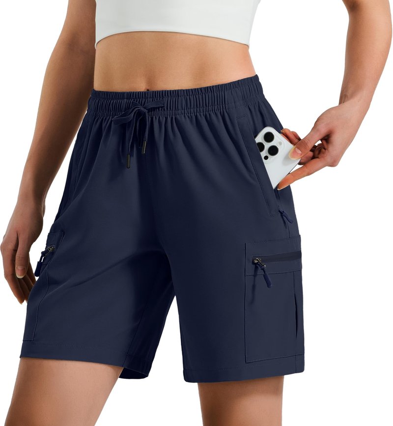 Hugut Women's Lightweight Hiking Cargo Shorts Quick Dry Athletic Shorts Camping Travel Golf Zipper Pockets Water Resistant Navy