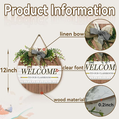 Welcome Sign for Classroom Door Welcome to Our Classroom front Door Sign with Wreath Teacher Round Hanging Wooden Plaque with Bow Decoration Welcome Back to School Wall Signs Porch 12×12 Inch